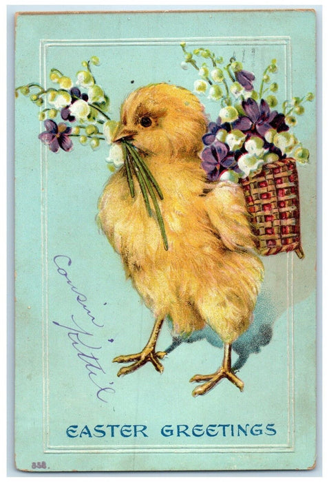 1908 Easter Greetings Chick Pansies Flowers Basket Embossed Brooklyn NY Postcard