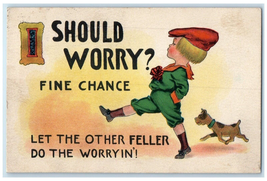 1914 Little Girl Dog I Should Worry Fine Chance Plover Wisconsin WI Postcard