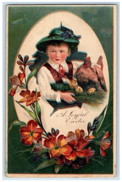c1910's Joyful Easter Little Boy Chicken Hen Chicks Flowers Embossed Postcard