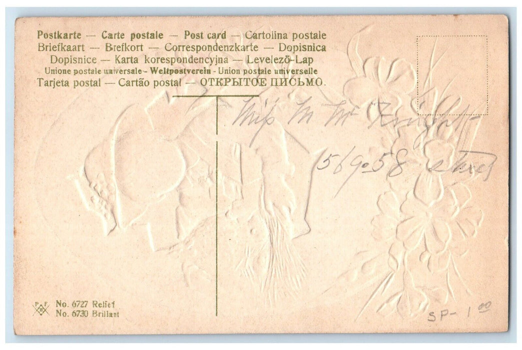 c1910's Joyful Easter Little Boy Chicken Hen Chicks Flowers Embossed Postcard