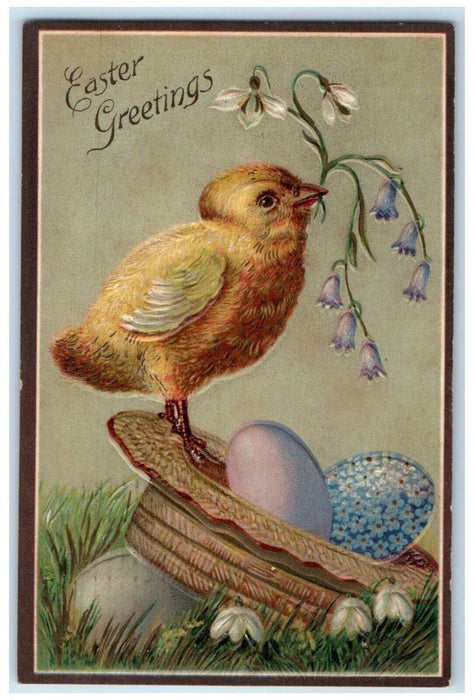 1907 Easter Greetings Chick Flowers Hat Eggs Embossed Brooklyn NY Postcard