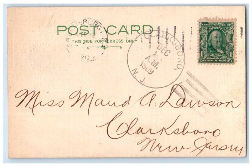 1909 Merry Christmas Holly Berries Clarksboro New Jersey NJ Antique Postcard