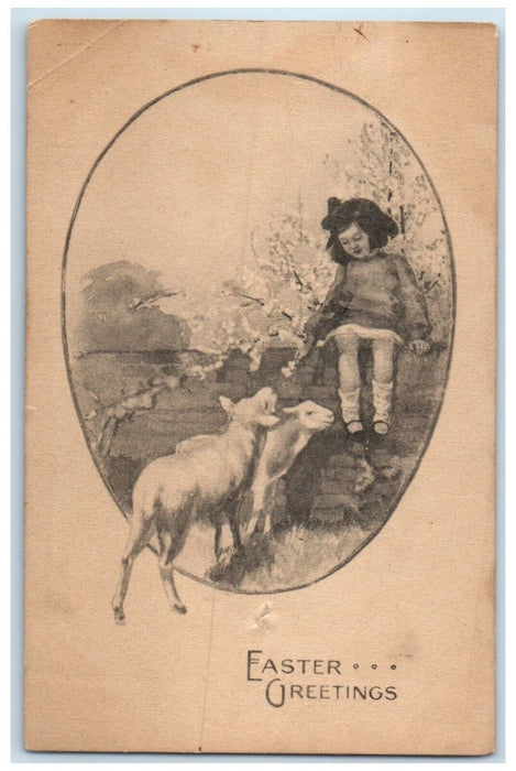 1914 Easter Greetings Little Girl Lamb Hollywood Illinois IL Antique Postcard