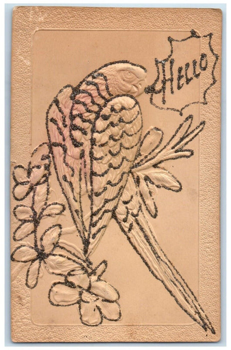 c1910's Parrot Flowers Airbrushed Glitter Embossed Peirce Indiana IN Postcard