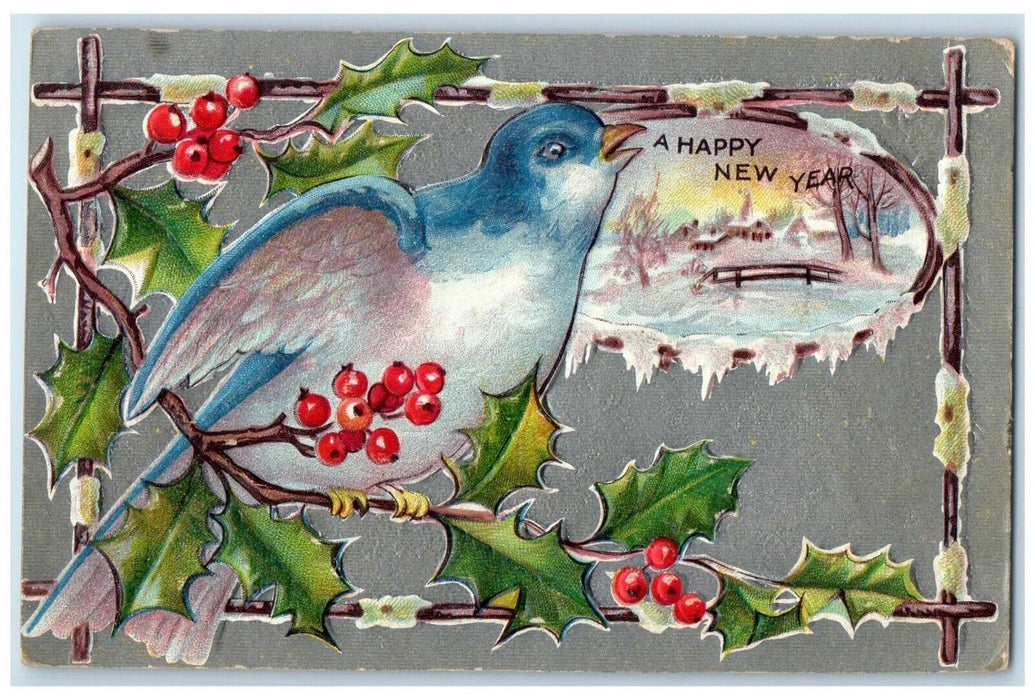 c1910's Happy New Year Song Bird Holly Berries Embossed Nash Antique Postcard
