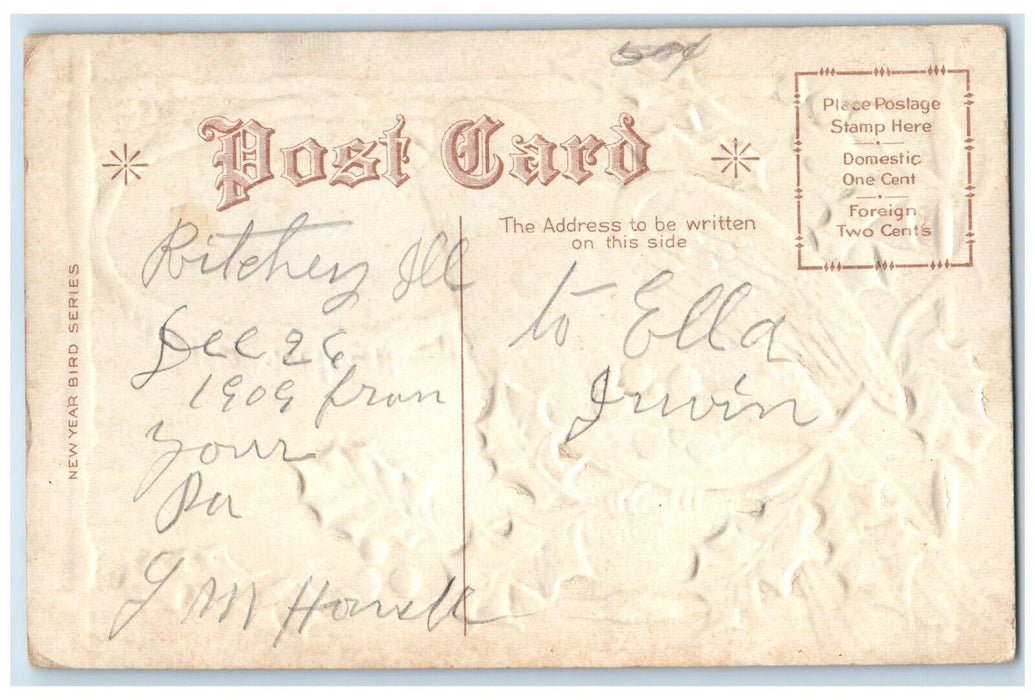 c1910's Happy New Year Song Bird Holly Berries Embossed Nash Antique Postcard