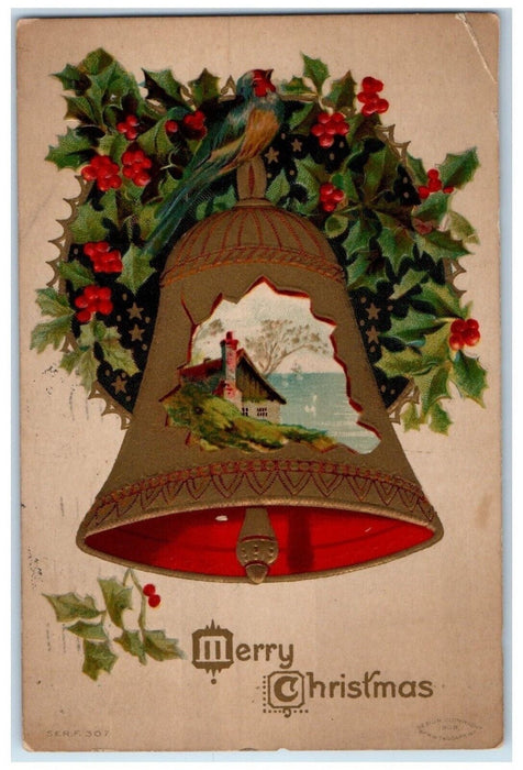 1910 Christmas Ringing Bells Holly Berries Embossed Grand Rapids MI Postcard