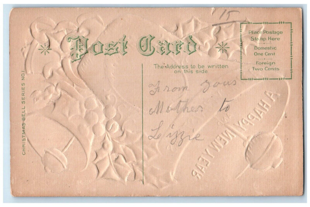 c1910's Christmas Giant Ringing Bells Holly Berries Embossed Nash Postcard