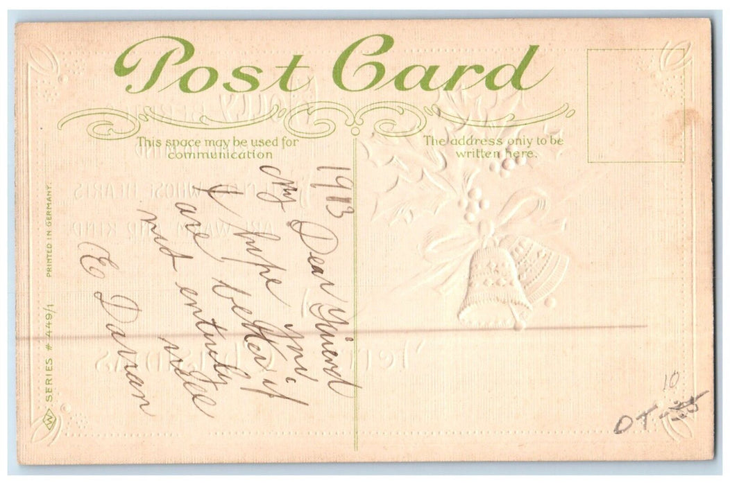 1913 Merry Christmas Holly Berries Ringing Bells Embossed Antique Postcard