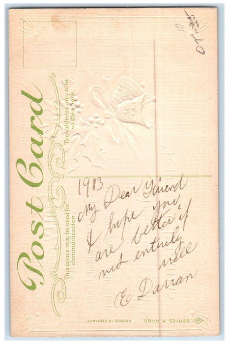 1913 Merry Christmas Holly Berries Ringing Bells Embossed Antique Postcard