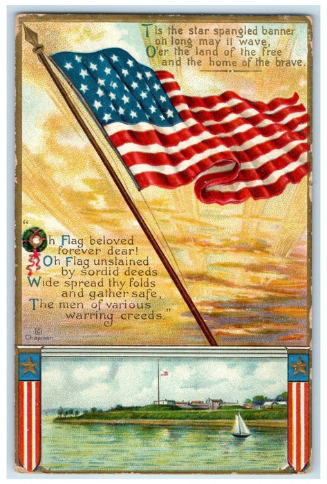 1909 American Flag Spangled Banner Sailboat Clapsaddle Embossed Antique Postcard