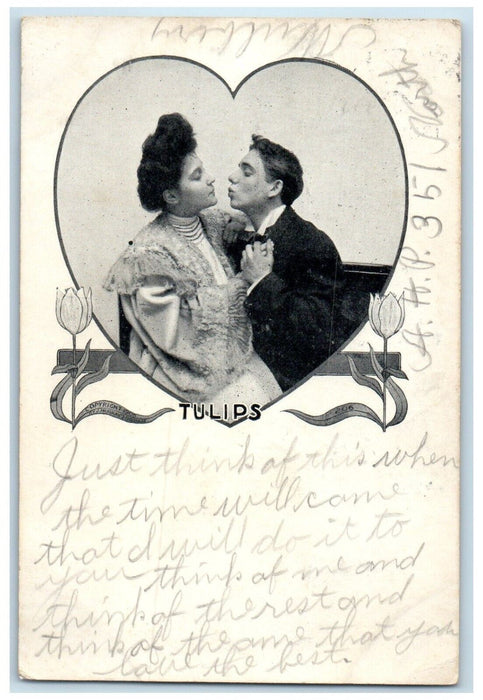 1906 Sweet Couple Romance Heart Tulips Art Nouveau Lancaster PA Antique Postcard