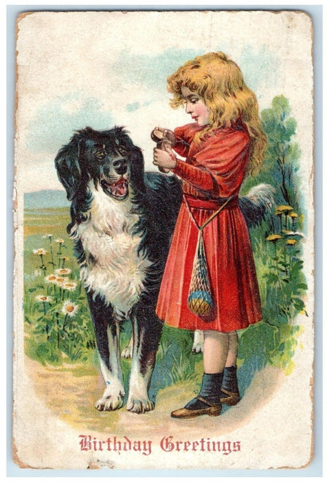 1908 Birthday Greetings Girl And Her Bernard Dog Daisy Flowers Antique Postcard