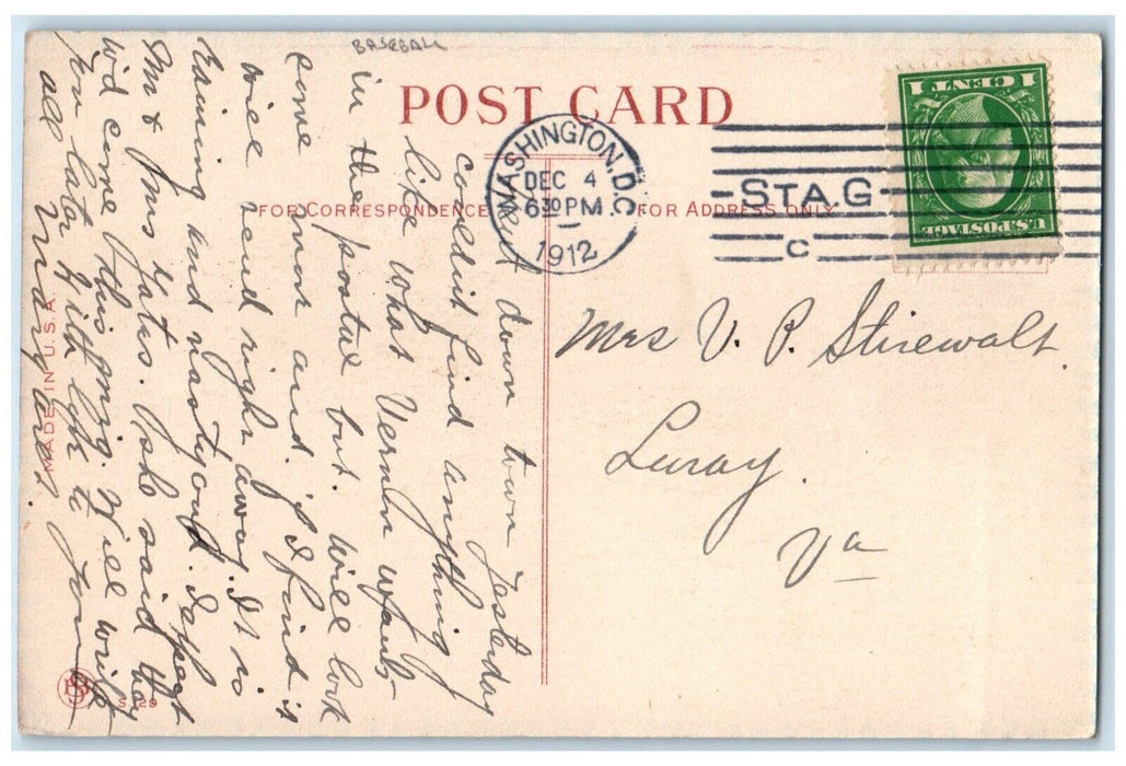 1912 Boy Hit Baseball Sports Foul Washington DC Posted Antique Postcard