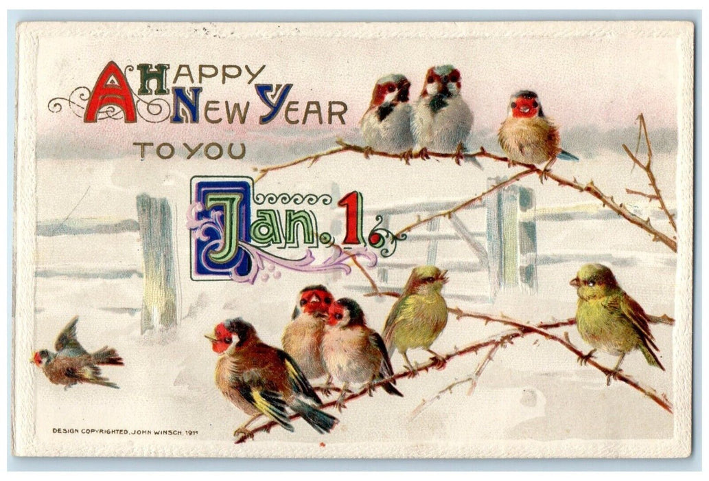 c1910's New Year Song Birds Winter John Winsch Artist Signed Hubbard OH Postcard