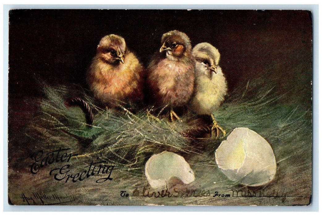 c1910's Easter Greetings Chicks Nest Hatched Egg Unposted Antique Postcard