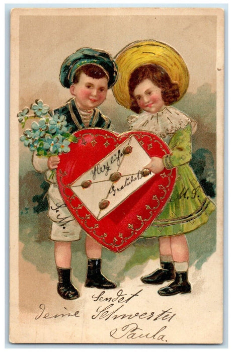 1910 Valentine Little Sweetheart Holding Heart Pansies Flowers Latvia Postcard