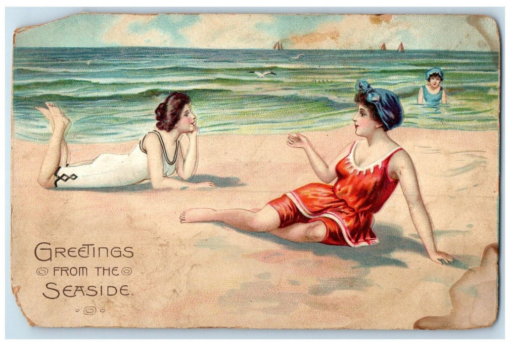 1912 Greetings From The Seaside Beach Bathing Beauties Tuck's Embossed Postcard