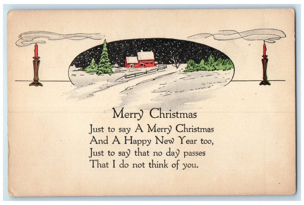 c1910's Merry Christmas Candles House Winter Arts Crafts Antique Postcard