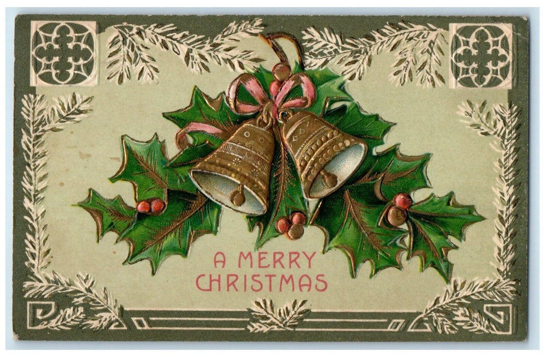 1907 Merry Christmas Ringing Bell Holly Berries Embossed Altoona PA Postcard