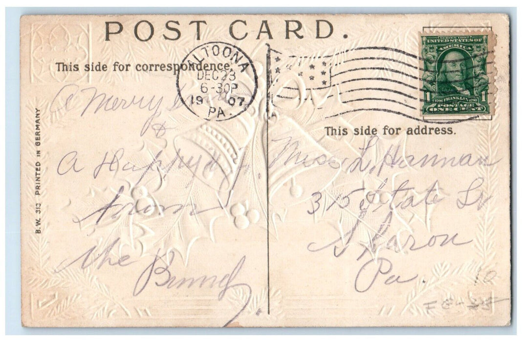 1907 Merry Christmas Ringing Bell Holly Berries Embossed Altoona PA Postcard