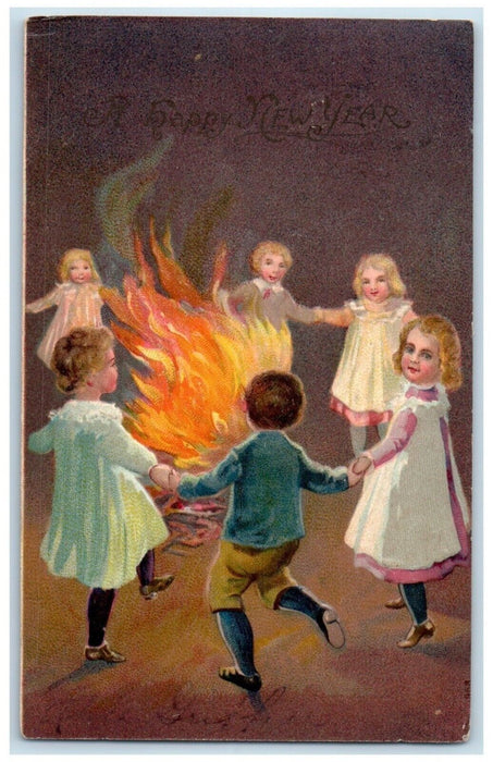 1907 New Year Children Playing Bonfire Embossed Richmond Jamaica NY Postcard