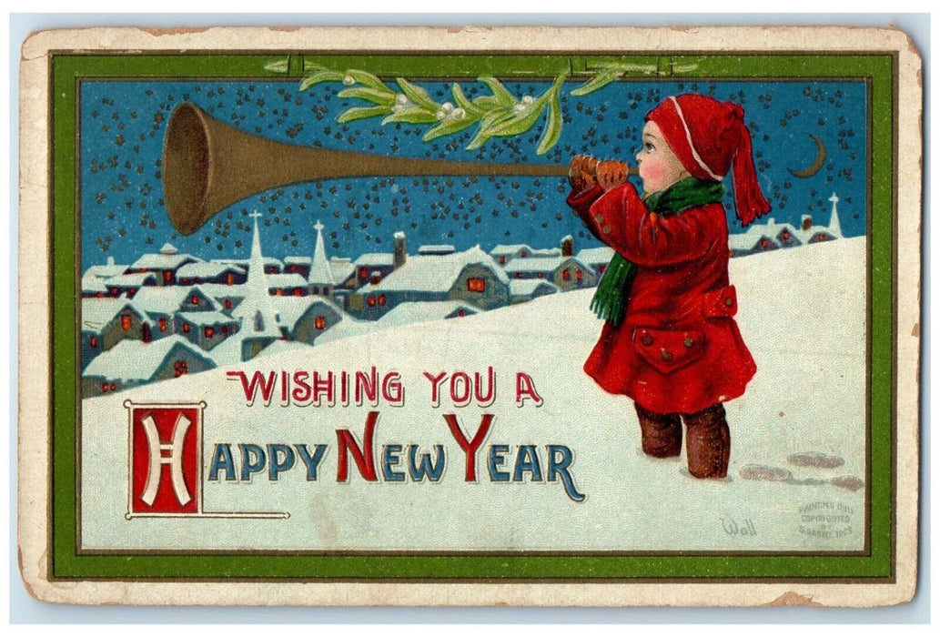 1909 Happy New Year Boy Trumpet House Church Winter Mistletoe Wall RPO Postcard