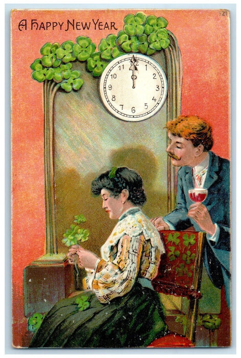 1909 Happy New Year Woman Shamrocks Embossed Brooklyn NY Antique Postcard