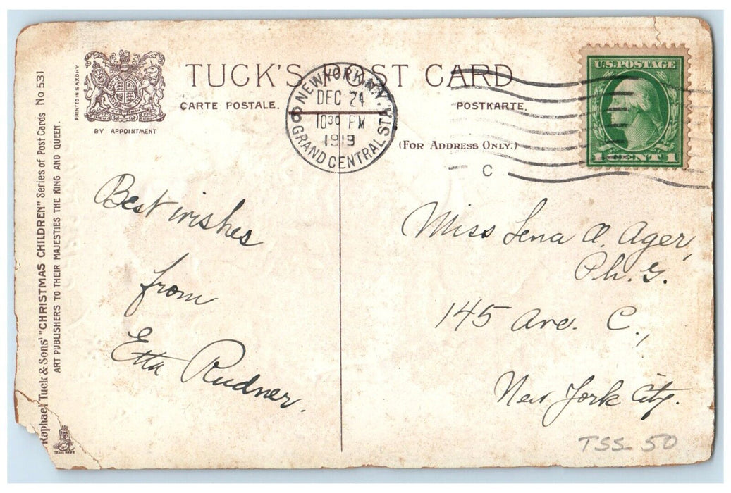 1919 Merry Christmas Little Sweetheart Holly Berries Mistletoe Tuck's Postcard