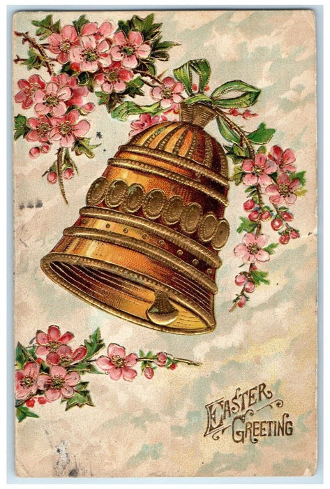1910 Easter Greeting Ringing Bells Pink Flowers Embossed Brooklyn NY Postcard