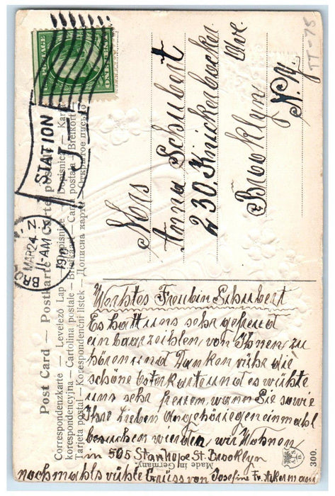 1910 Easter Greeting Ringing Bells Pink Flowers Embossed Brooklyn NY Postcard