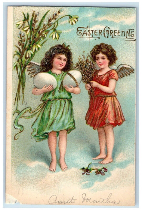 1907 Easter Greeting Angels Eggs Pipe Berry Flowers Antique Brooklyn NY Postcard