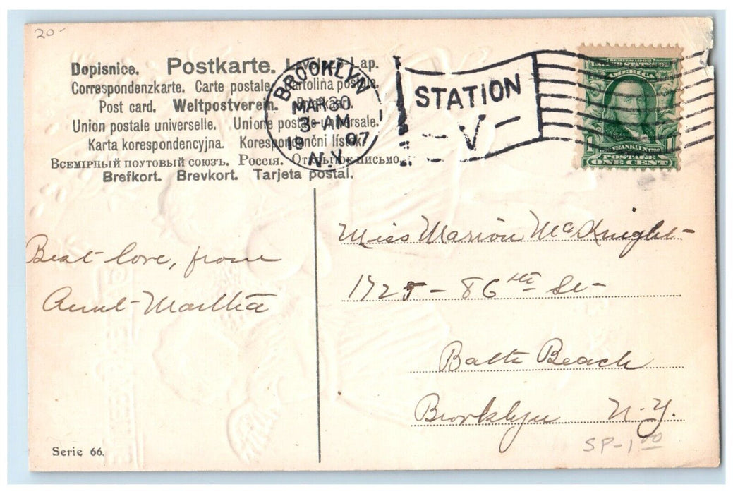 1907 Easter Greeting Angels Eggs Pipe Berry Flowers Antique Brooklyn NY Postcard