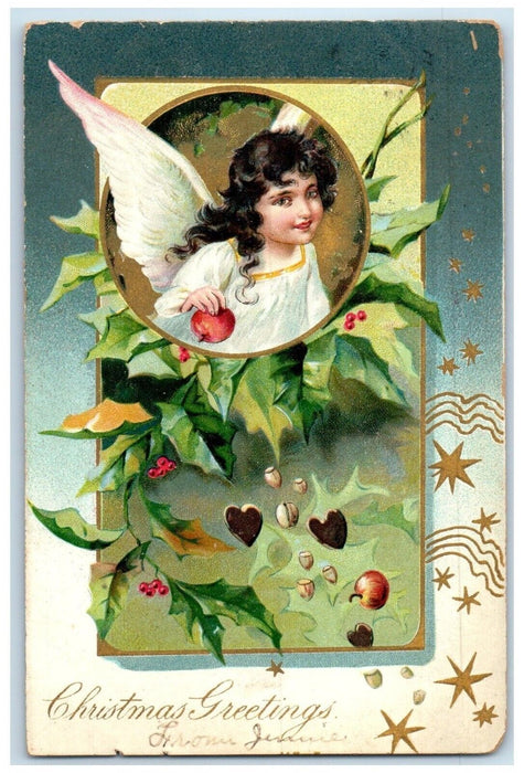 1907 Christmas Greetings Angel Holding Apple Berries Sound Beach CT Postcard