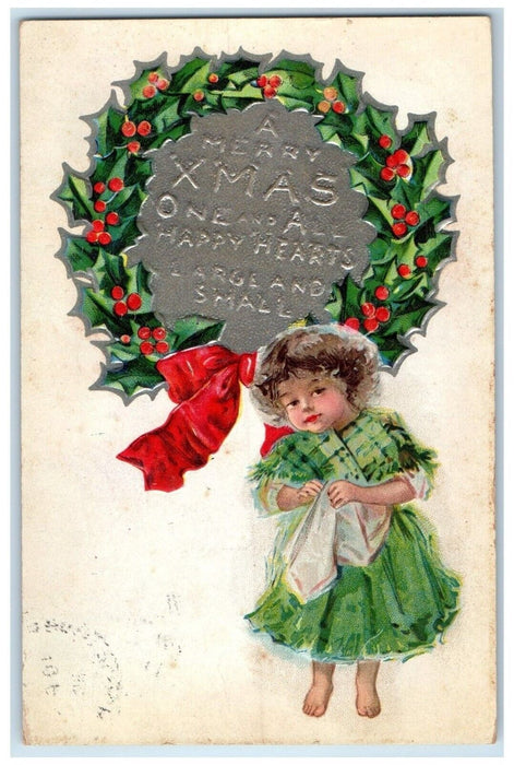 1910 Christmas Cute Little Girl Holly Berries Whreath Embossed Antique Postcard