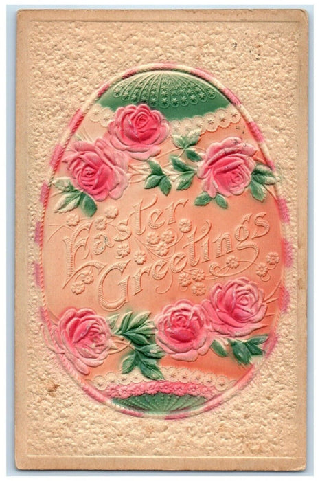 1910 Easter Greetings Egg Roses Flowers Airbrushed Embossed Antique Postcard