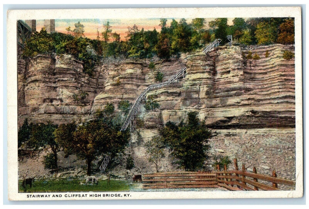 c1920 Stairway Cliffs High Bridge Fence Rock Field Kentucky KY Vintage Postcard