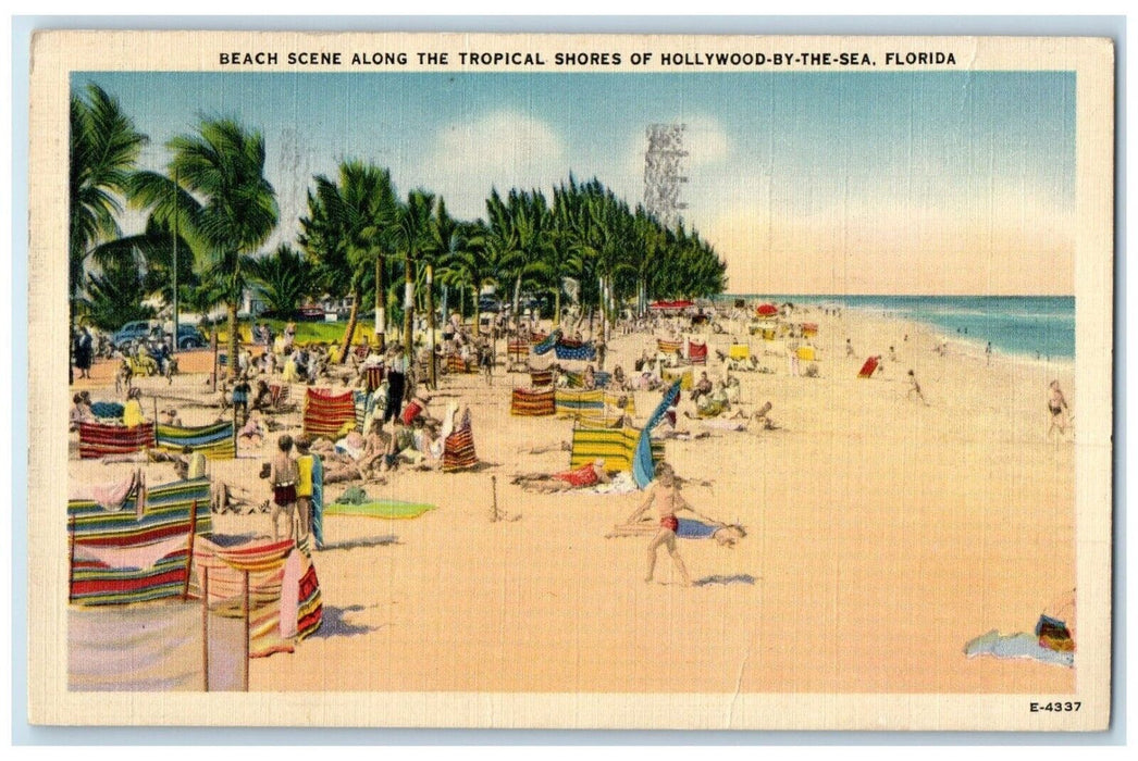 1941 Beach Scene Tropical Shores Hollywood-by-the-sea Florida Antique Postcard