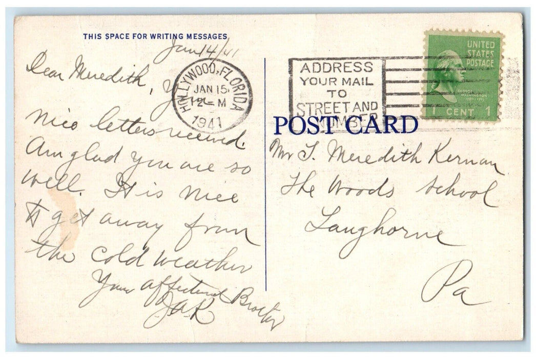 1941 Beach Scene Tropical Shores Hollywood-by-the-sea Florida Antique Postcard