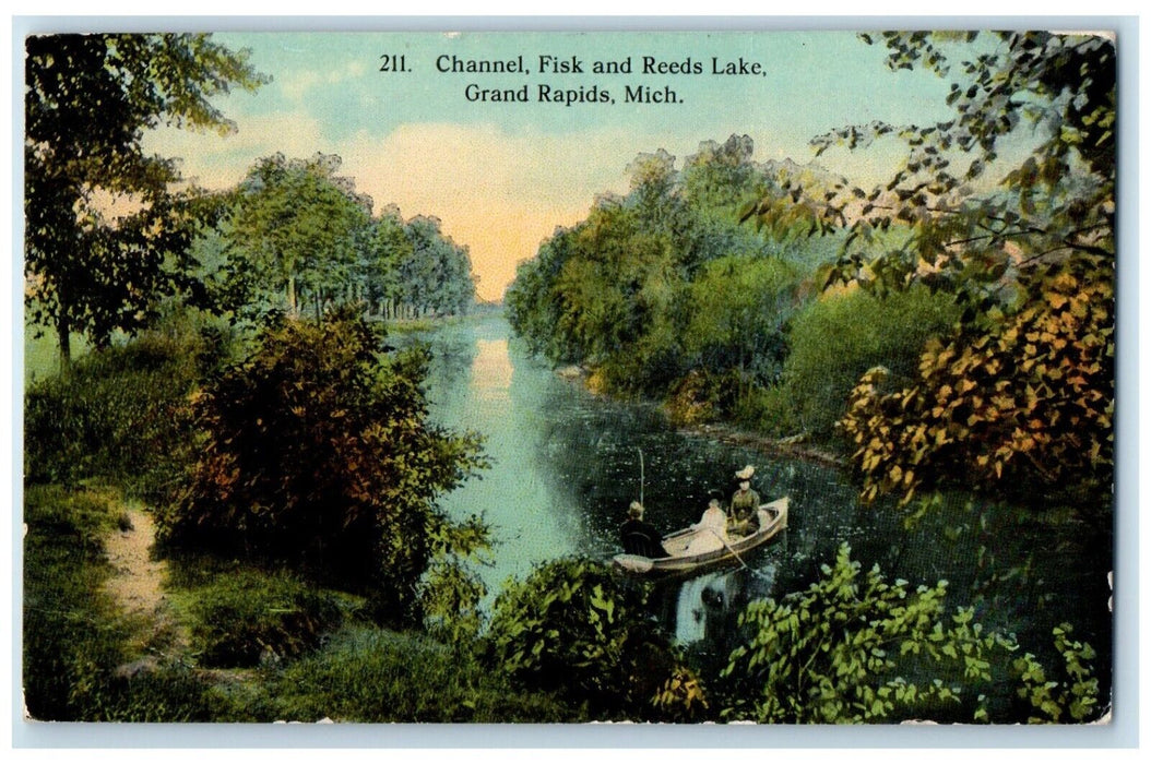 1916 Channel Fisk Reed Lake Canoe Boat River Grand Rapids Michigan MI Postcard