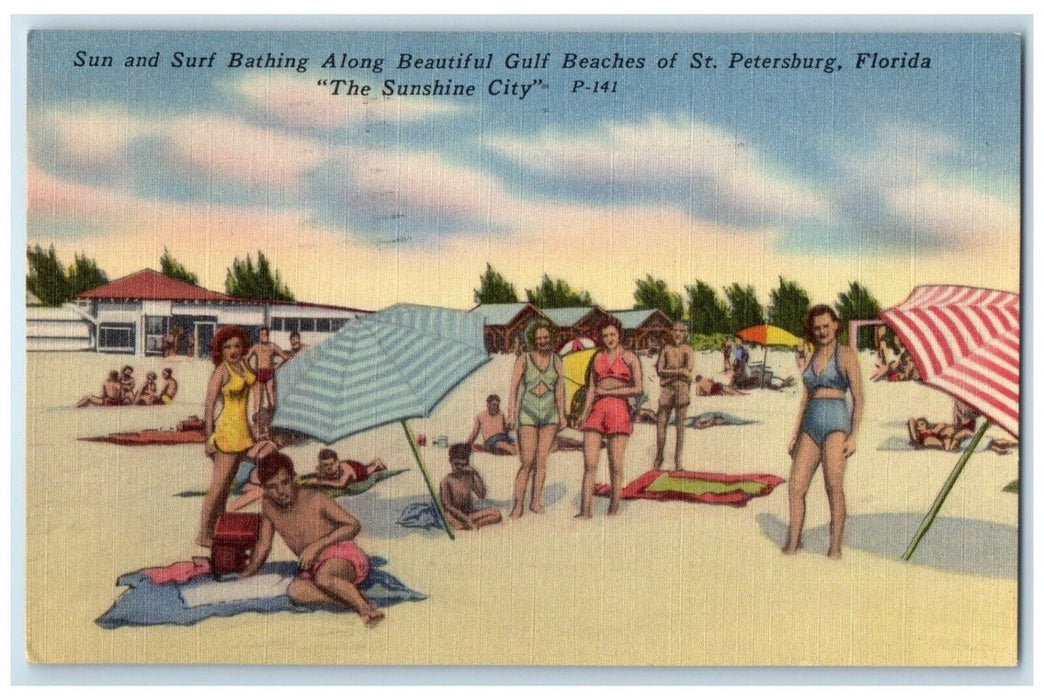 1955 Sun Surf Bathing Gul Beaches Sunshine City St. Petersburg Florida Postcard