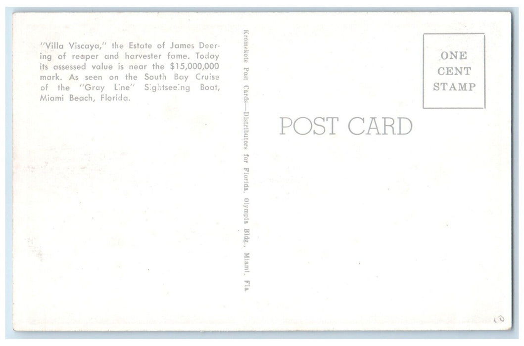 c1940 Villa Viscaya Estate James Deering Gray Line Miami Beach Florida Postcard