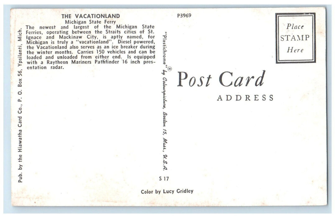 c1960 Sailing Abroad Vacationland Michigan State Ferry Lansing Michigan Postcard
