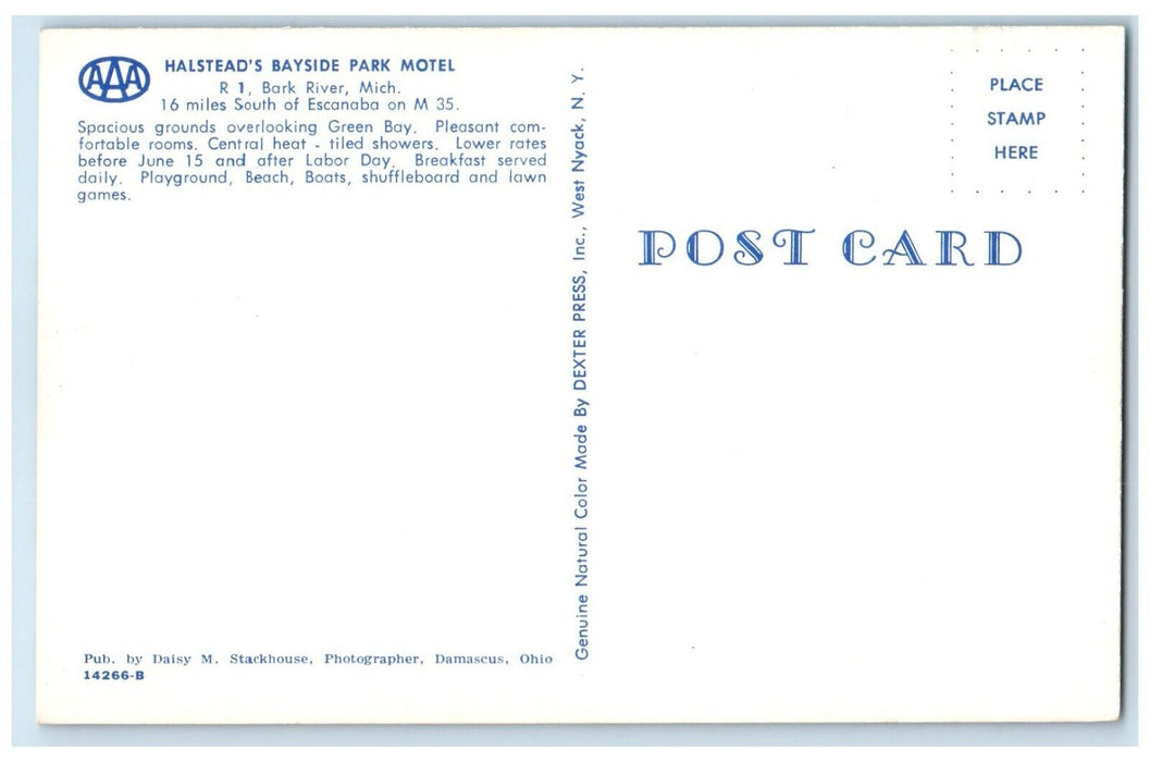 c1960 Exterior View Halstead Bayside Park Motel Bark River Michigan MI Postcard