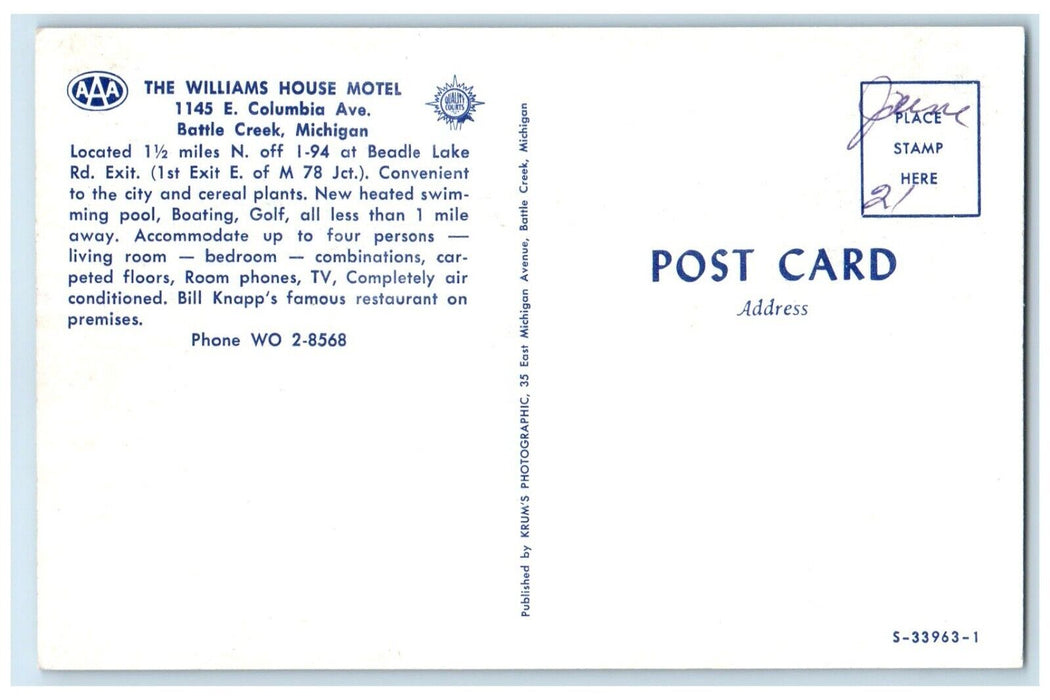 c1960 Williams House Motel Swimming Pool Battle Creek Michigan Vintage Postcard