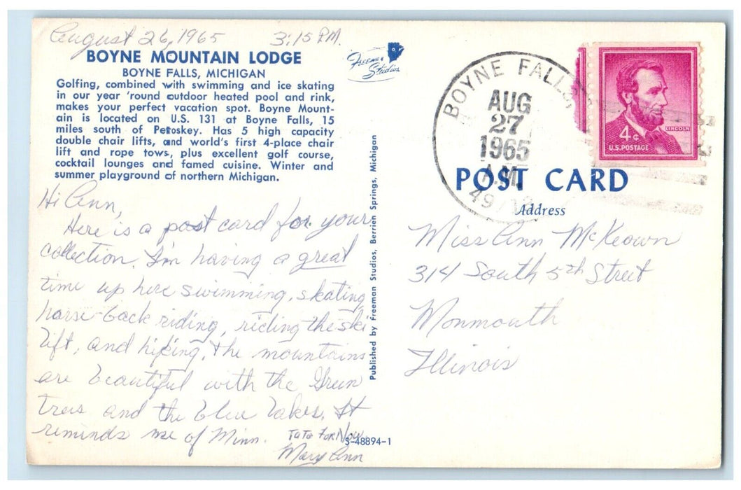 1965 Exterior View Boyne Mountain Lodge Blue Car Boyne Falls Michigan Postcard