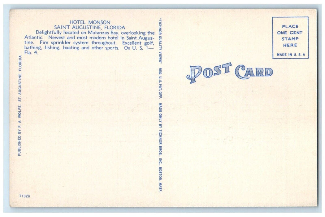 c1940 Exterior View Hotel Monson Building Saint Augustine Florida FL Postcard