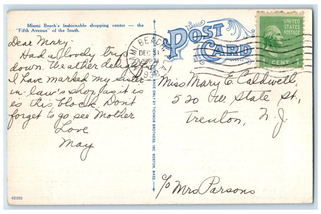 1938 Lincoln Road Looking East Lennox Avenue Miami Beach Florida Posted Postcard