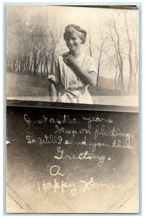 c1910's Christmas Greetings Woman And Trees Scene RPPC Photo Antique Postcard