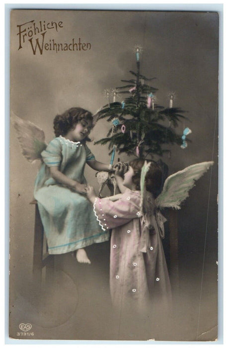 c1910's Christmas Tree Candle Light Little Angels Germany RPPC Photo Postcard